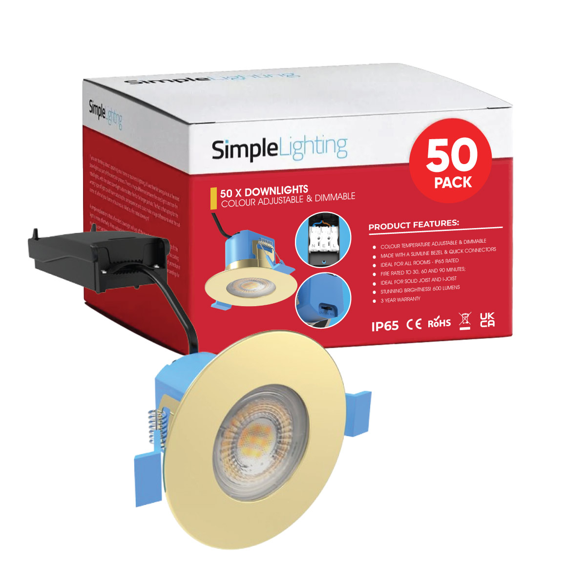 View Pack of 50 6w Colour Adjustable Fire Rated Downlights Brass information