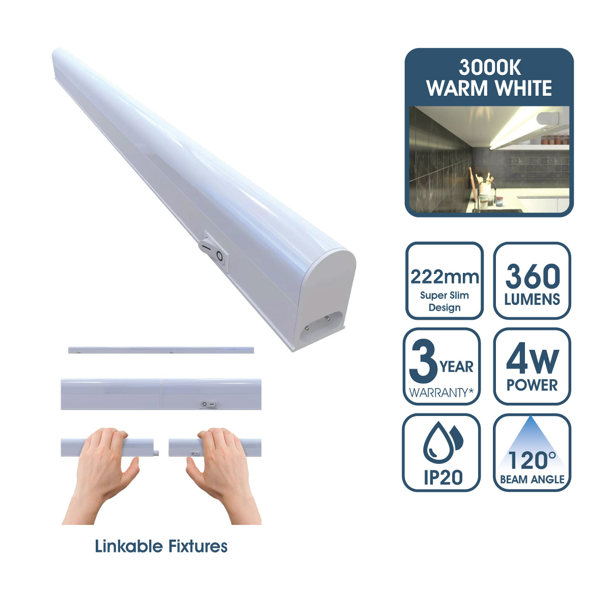 View 222mm Linkable LED Ultraslim Under Cabinet Light Fitting Warm White information