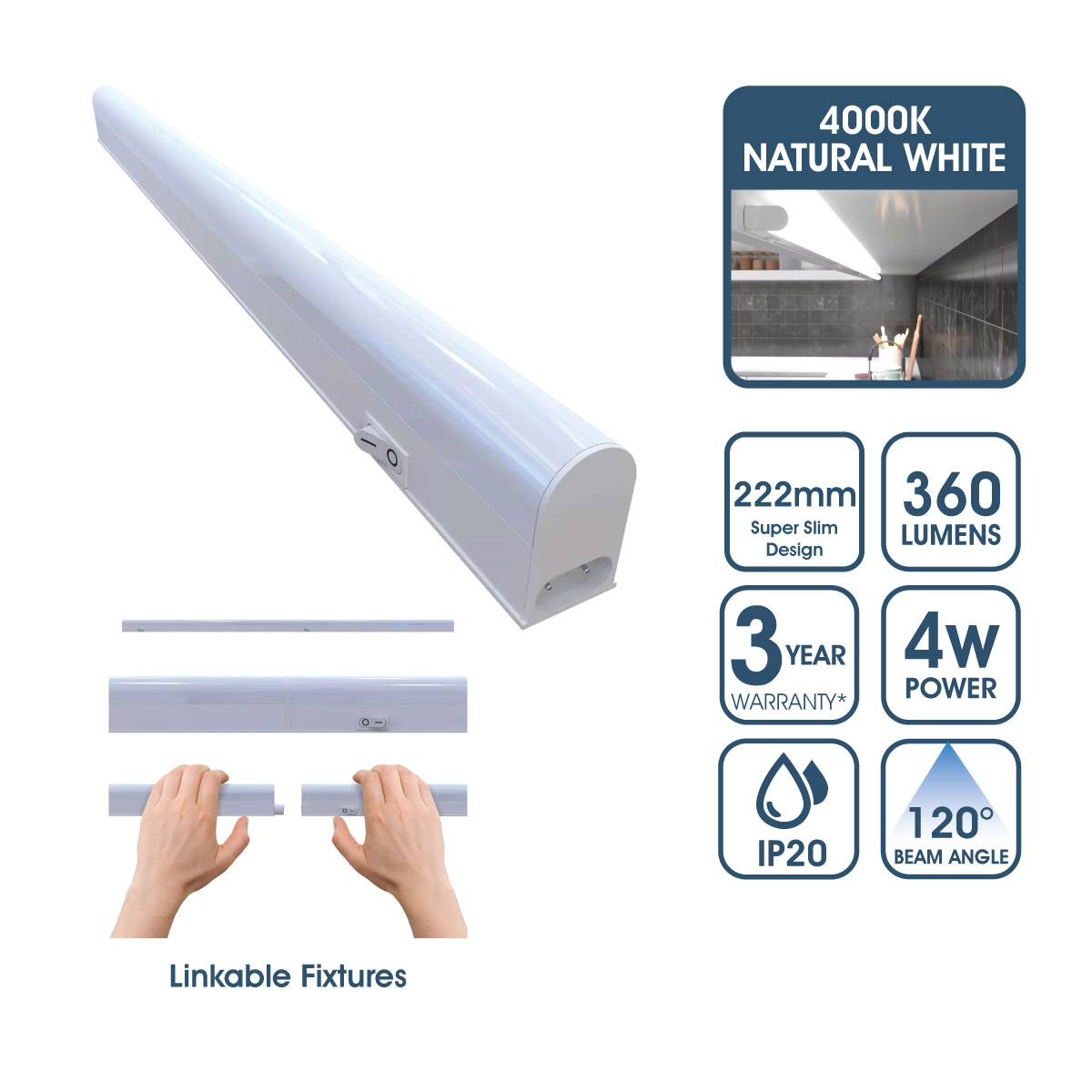 View 222mm Linkable LED Ultraslim Under Cabinet Light Fitting Natural White information