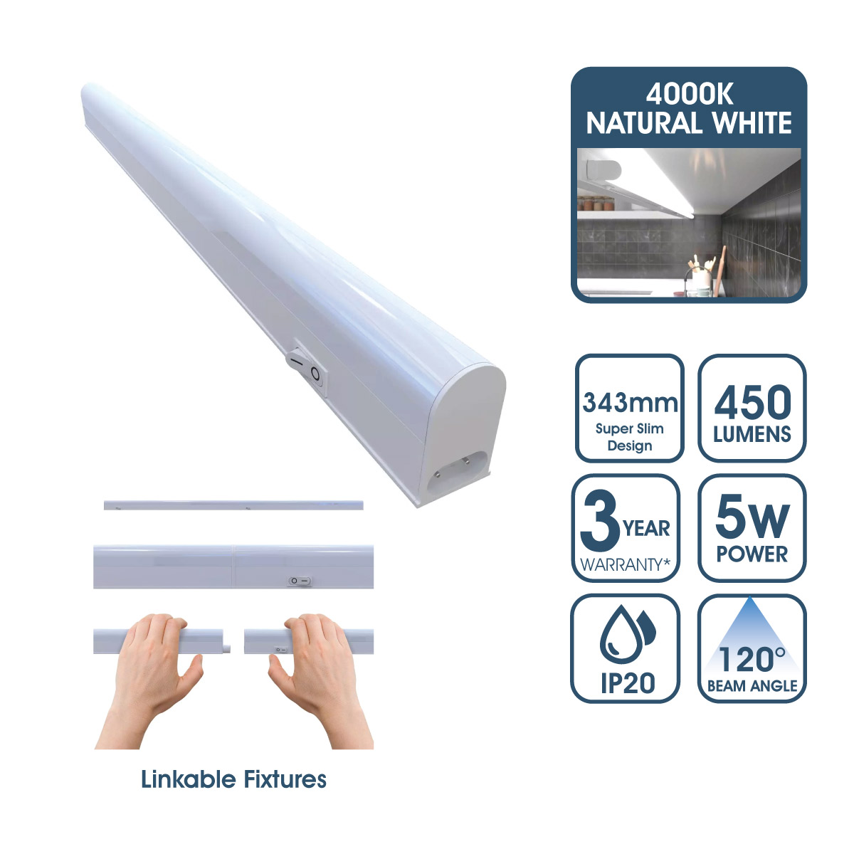 View 343mm Linkable LED Ultraslim Under Cabinet Light Fitting Natural White information
