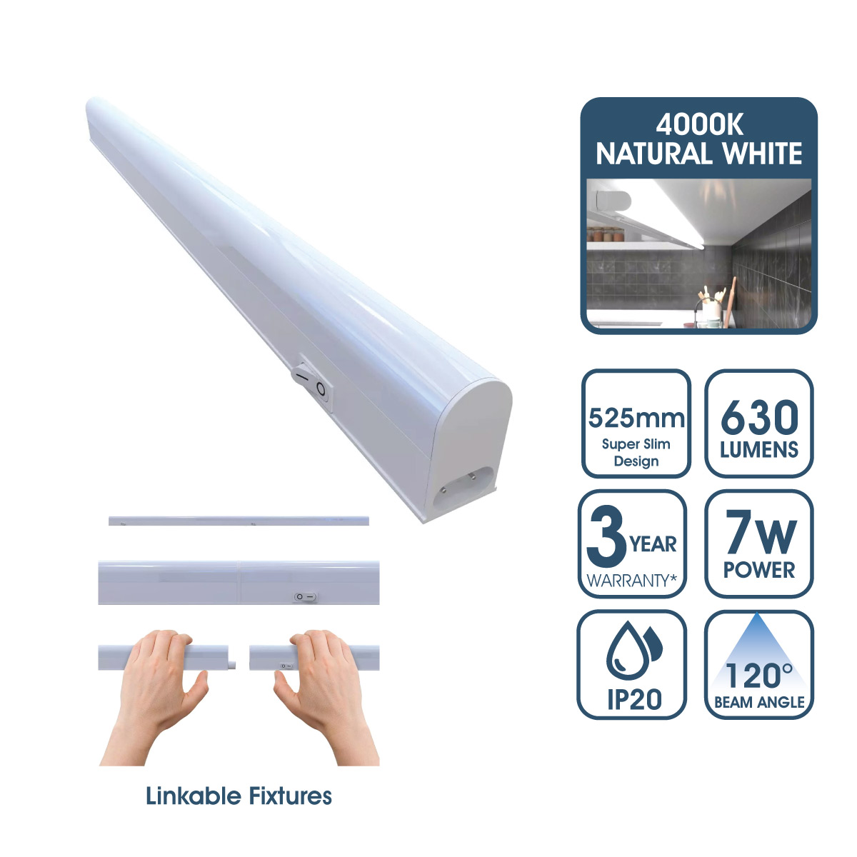 View 525mm Linkable LED Ultraslim Under Cabinet Light Fitting Natural White information