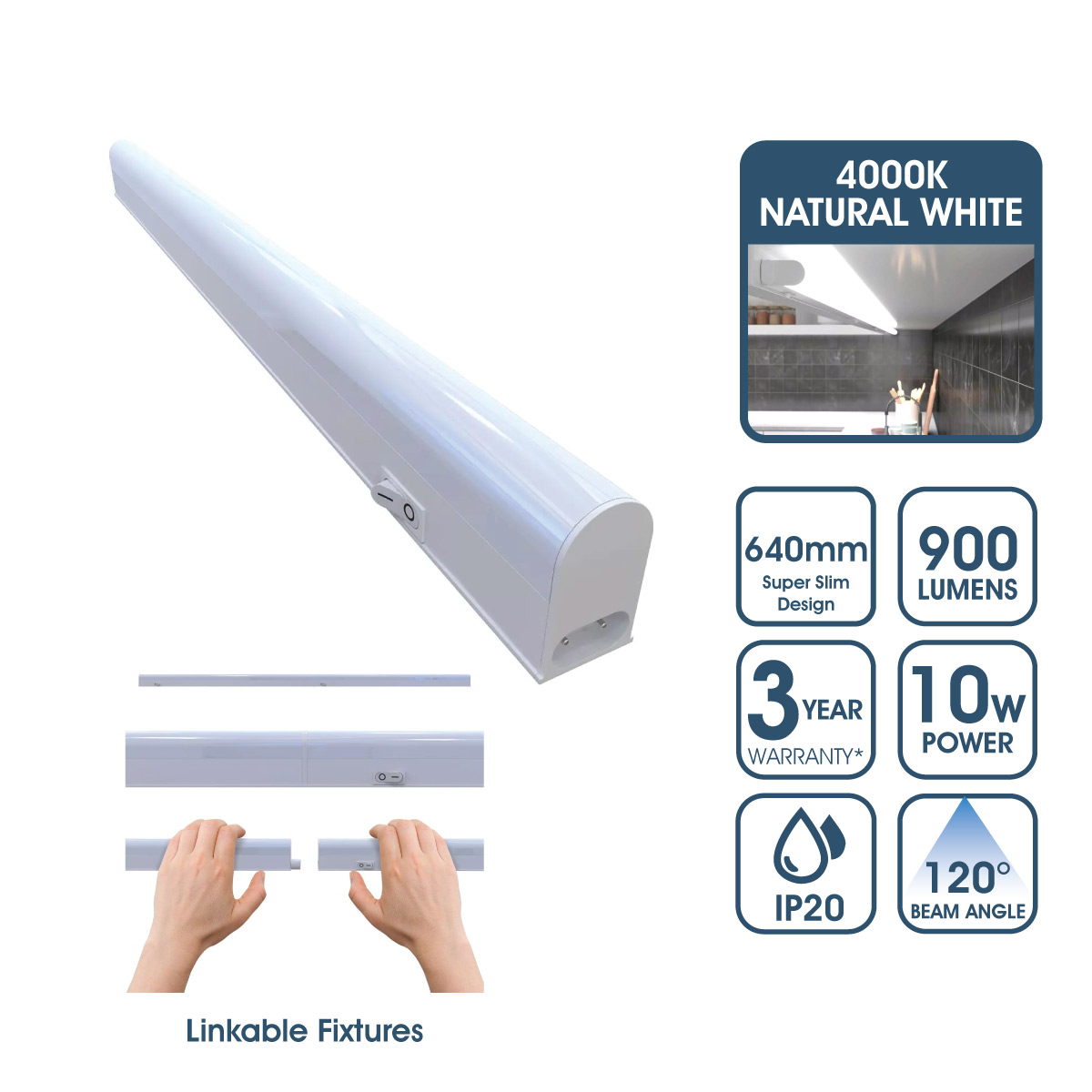 View 640mm Linkable LED Ultraslim Under Cabinet Light Fitting Natural White information