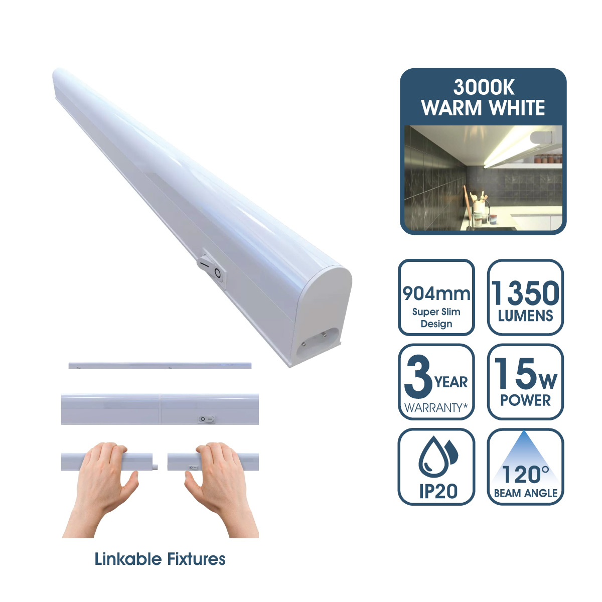 View 904mm Linkable LED Ultraslim Under Cabinet Light Fitting Warm White information