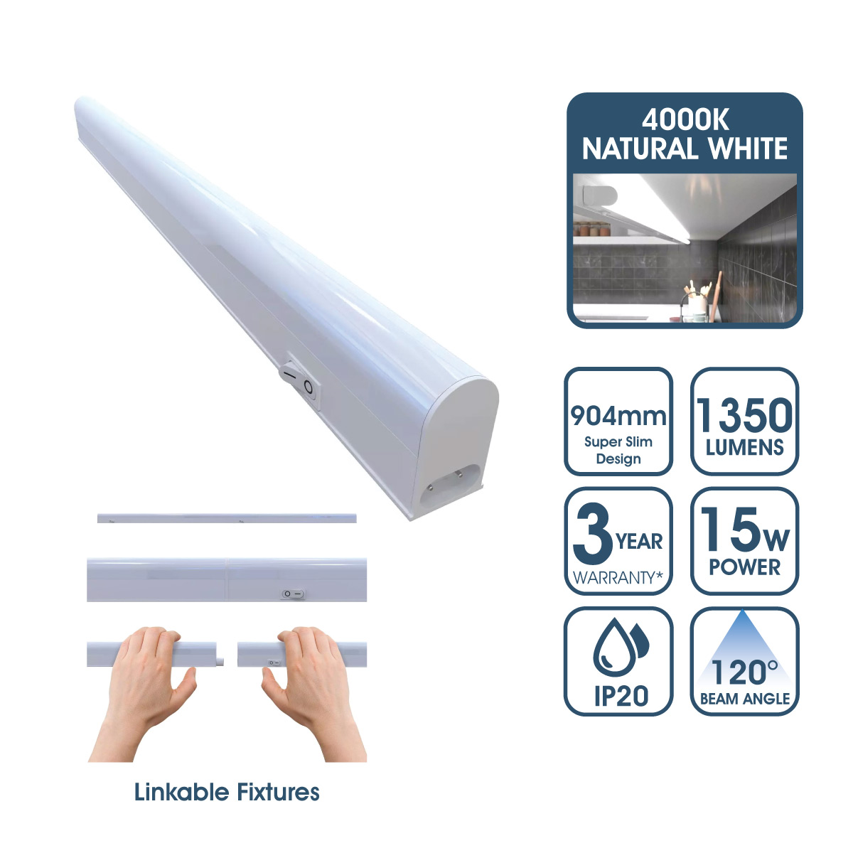 View 904mm Linkable LED Ultraslim Under Cabinet Light Fitting Natural White information