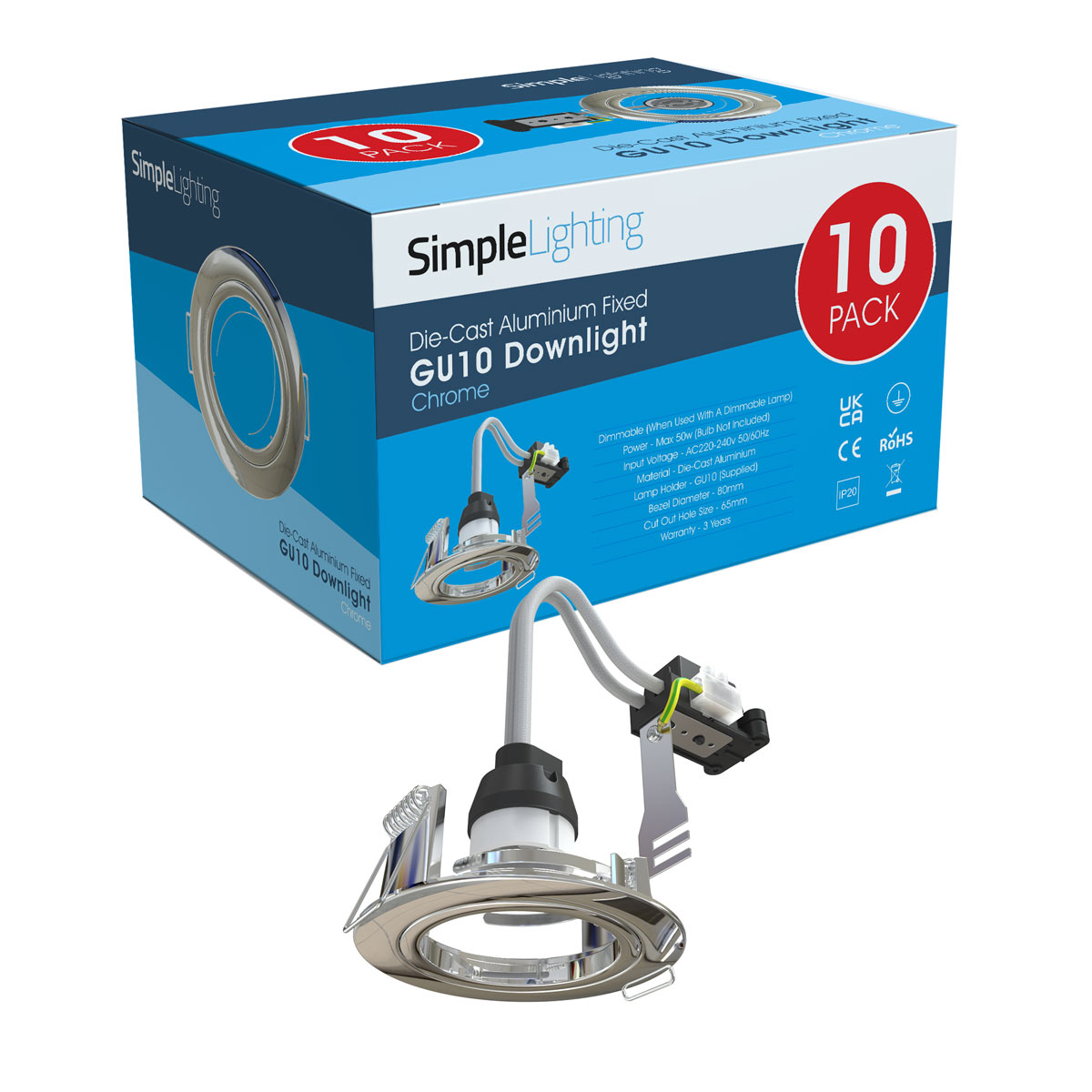 View Pack of 10 GU10 Downlight Fixed Die Cast in a Chrome Finish information