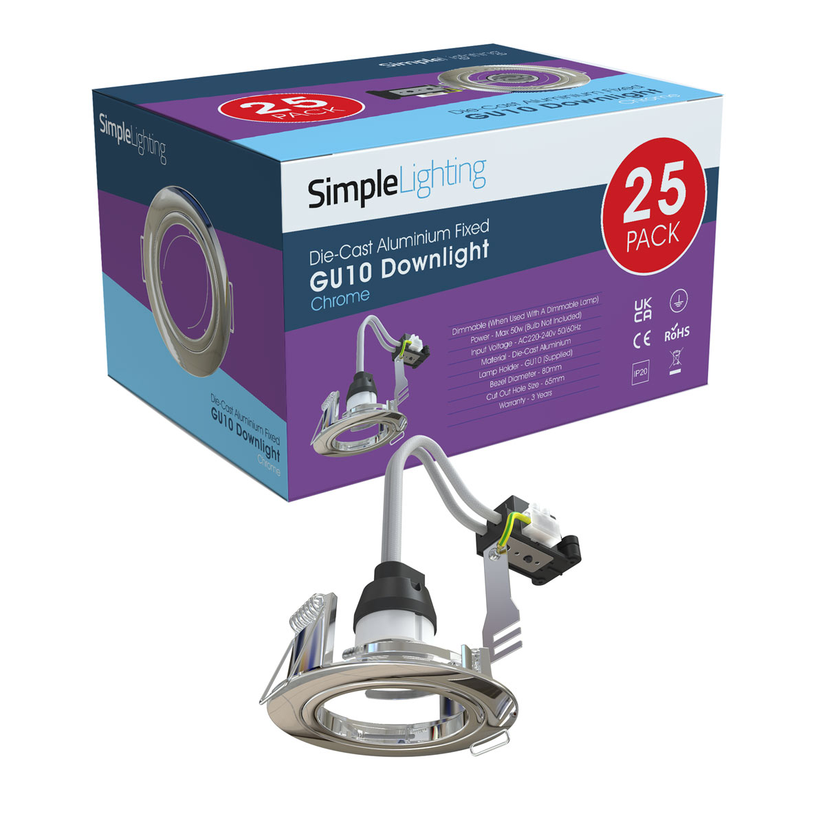 View Pack of 25 GU10 Downlight Fixed Die Cast in a Chrome Finish information