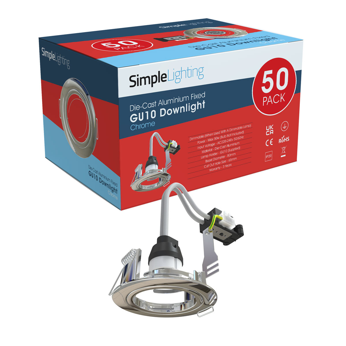 View Pack of 50 GU10 Downlight Fixed Die Cast in a Chrome Finish information