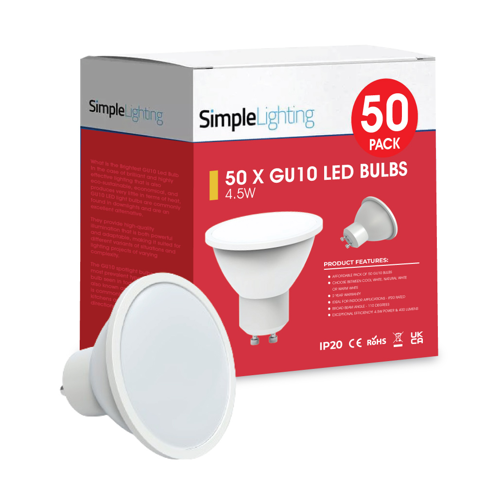 View 50 X 45w GU10 LED Bulb Cool White Natural White or Warm White information