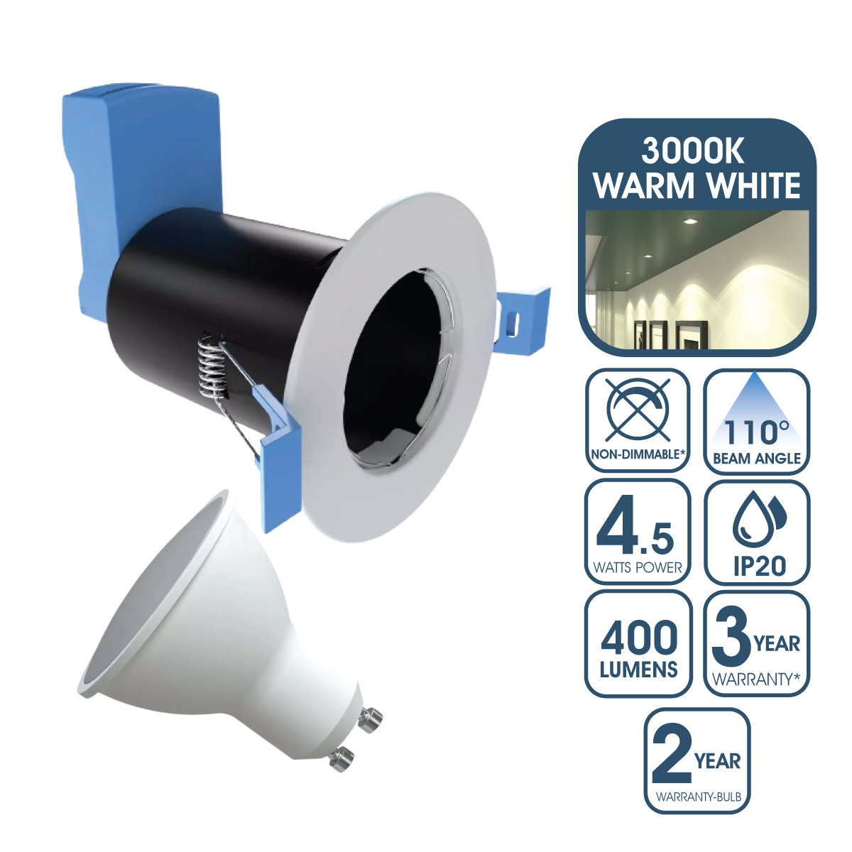 View Fire Rated Downlight GU10 Fixed White Finish With a 45w Warm White GU10 Bulb information