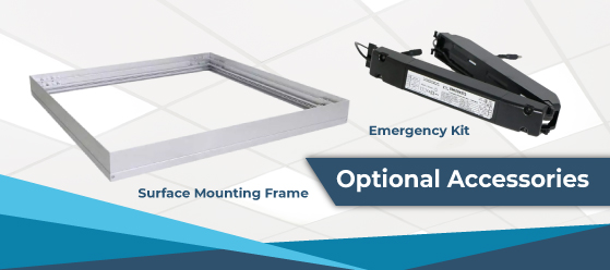 40w Square LED Panel - Optional Accessories. Emergency Kit and Surface Mounting Frame