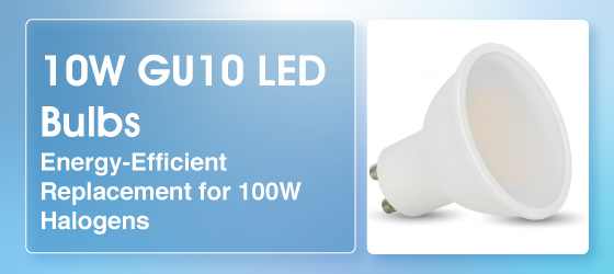 A light blue banner that shows an image of a single GU10 LED bulb with the text that says 10W GU10 LED Bulbs Energy-Efficient Replacement for 100W Halogens