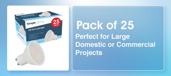 A light blue banner that shows an image of the 25-pack GU10 LED bulbs and the text that says Pack of 25 Perfect for Large Domestic or Commercial Projects