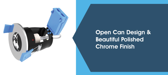Tilt, Chrome Fire-Rated Downlight - Open Can Design & Beautiful Polished Chrome Finish